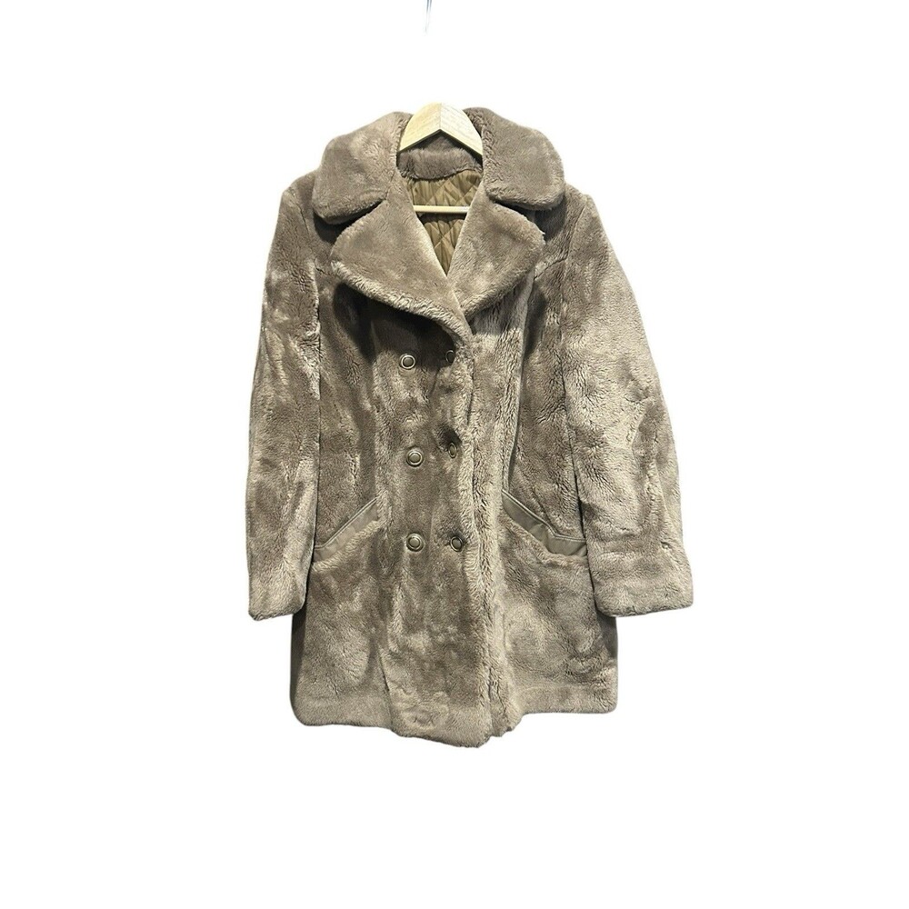 Sears Brown Tan Vintage Faux Fur Jacket Button Up 70s Era Winter Cozy Large